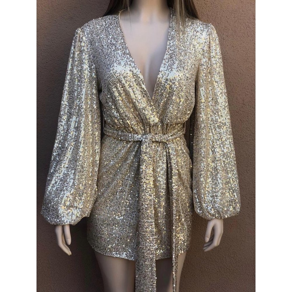 Gold Sequence Long Sleeve Tie Waist Mini Dress - Picture 4 of 6